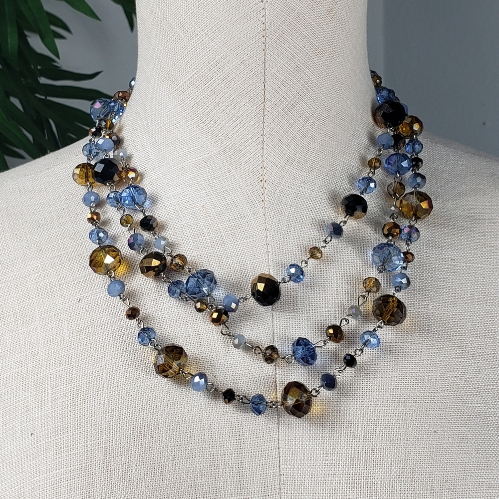 Blue & Brown Borealis Glass Crystals with 3 Graduated Strands Silvertoned links
